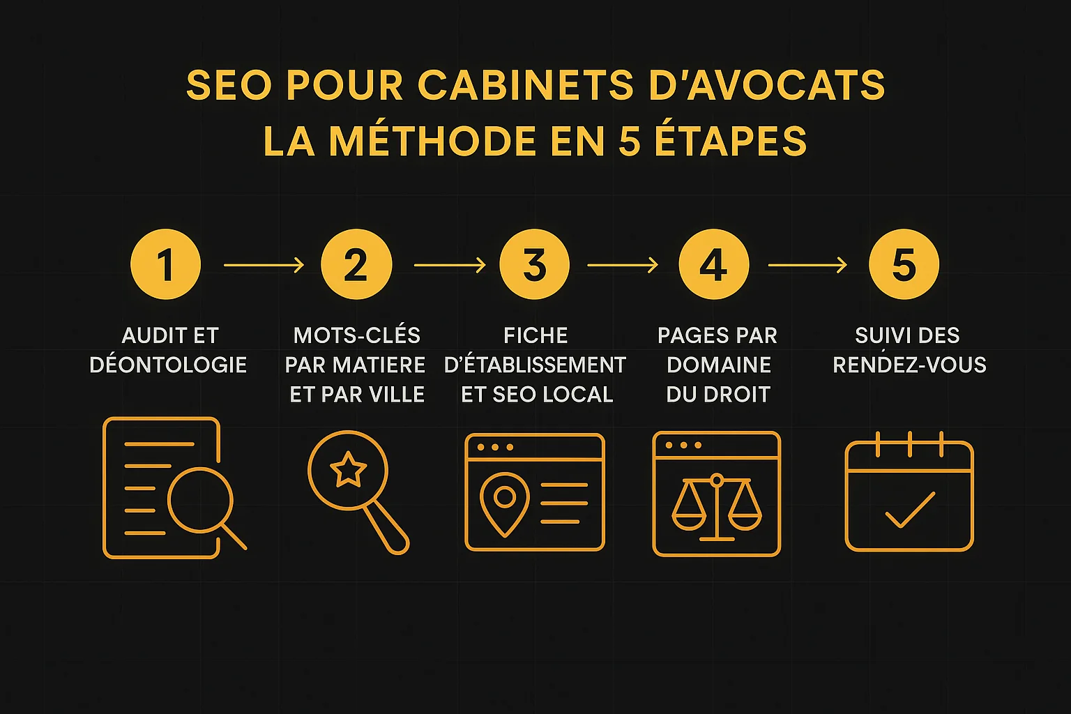 Infographie : la méthode SEO en 5 étapes pour un cabinet d'avocats (audit et déontologie, mots-clés par matière et par ville, fiche Google, pages par domaine du droit, suivi des demandes)