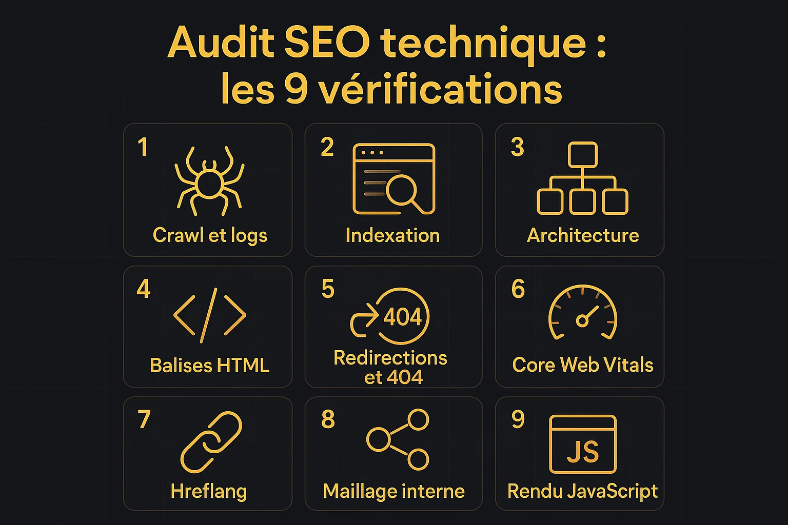 Infographie : les 9 vérifications d'un audit SEO technique (crawl et logs, indexation, architecture, balises HTML, redirections et 404, Core Web Vitals, hreflang, maillage interne, rendu JavaScript)